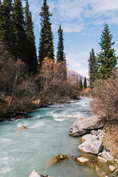 Glacial River Flows Through The Ala Archa Mountain Pass