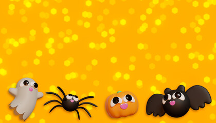 Halloween banner whit pumpkin, spider, and bat. 3D Illustration. Above view over an orange banner background with copy space.