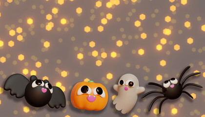 Obraz premium Halloween banner whit pumpkin, spider, and bat. 3D Illustration. Above view over an orange banner background with copy space.