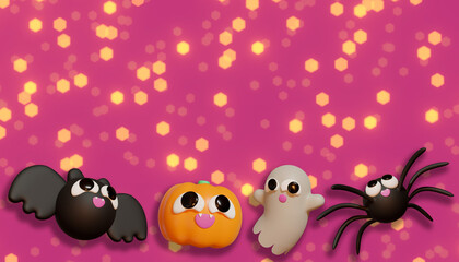 Halloween banner whit pumpkin, spider, and bat. 3D Illustration. Above view over an pink banner background with copy space.