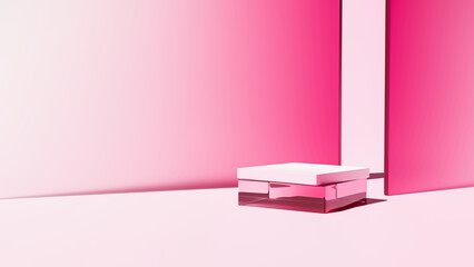 Fototapeta premium 3D rendering Podium . Pink display stand, glass base .Pink back ground for cosmetic products