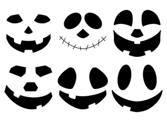 Silhouettes of halloween faces. A set of illustrations isolated on a white background.