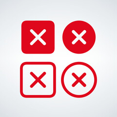 Red delete, Cancel, Close, Remove icon set in circle and square. Stock vector illustration isolated on white background.