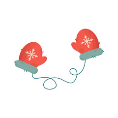 Red mittens. Snowflakes on mittens. Vector illustration of cute pair of gloves for Christmas prints, stickers, banners. Clipart.