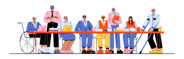 Multinational business team, group of diverse people, disabled and healthy entrepreneurs or office workers sitting at desk. Company employees work together, isolated Line art flat vector illustration