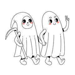 Doodle cartoon ghosts costumes holding their hands and smiling. Halloween outline Illustration on white background.