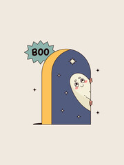Halloween greeting card with ghost hiding. Cute vector with Boo quote and web on white background.