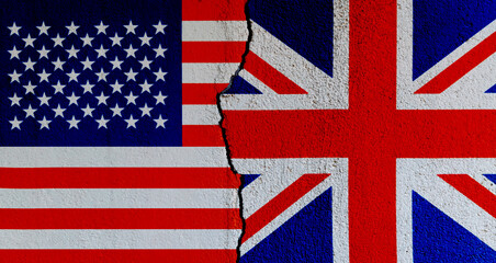 American and British flags on broken cracked wall