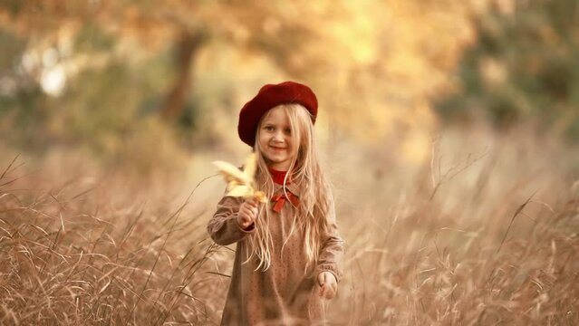 cute little blonde girl in park. light breeze plays shakes the trees. child enjoys the warm sunny weather, smiles, dances with bouquet of yellowed leaves. autumn family leisure and activity