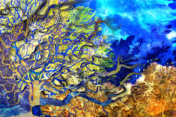 Collage river delta with interweaving and layering of several layers in the shape of a tree crown. Satellite view. Elements of this image furnished by NASA.