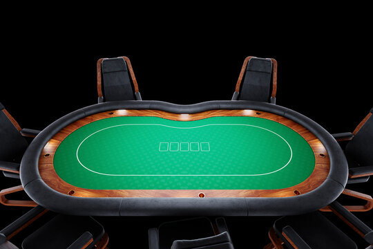 Poker table, poker room. Poker game, casino, Texas hold'em, online game, card games. 3D render, 3D illustration. Modern design, Magazine style.
