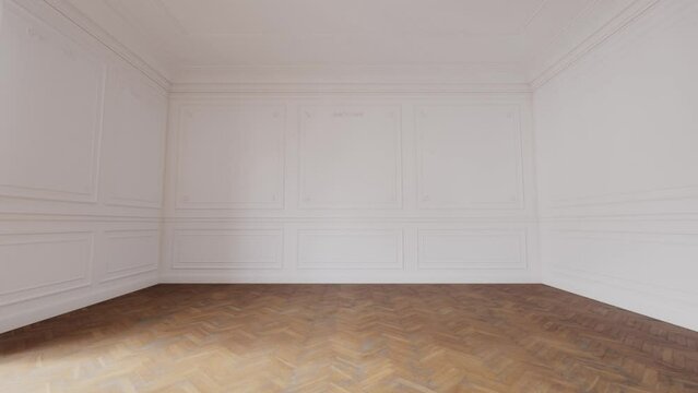 Animation 3D d'un appartement de type haussmannien avec parquet et murs blancs.