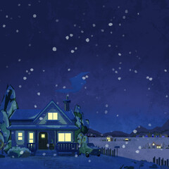 Obraz na płótnie Canvas 夜に雪の降る風景手書き水彩風イラスト