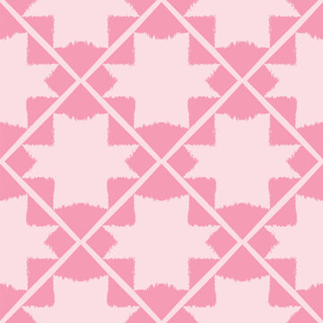 Ikat ethnic seamless pattern. Geometric textured background for textiles, wallpaper, carpets, and clothing. Pink, Traditional bohemian vector illustration. 