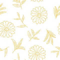 Fototapeta na wymiar chamomile and tea leaves seamless pattern hand drawn in doodle style. vector, minimalism, monochrome, scandinavian. wallpaper, wrapping paper, textiles, background.