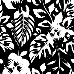 vintage tropical jungle pattern with monochromatic monstera palm leaves and plants foliage on dark background. Floral background. contemporary background. decorative wallpaper. vintage forest. spring