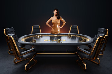Croupier girl at the poker table, poker room. Poker game, casino, Texas hold'em, online game, card games. Modern design, magazine style. - obrazy, fototapety, plakaty