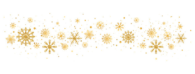 Gold glitter snowflakes decoration wave. Celebration design elements. Golden snowflake border with different ornament. Luxury Christmas greeting card. Winter ornament. Vector illustration