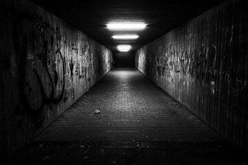 Dunkler Tunnel für Fußgänger mit Graffiti an den Beton Wände
