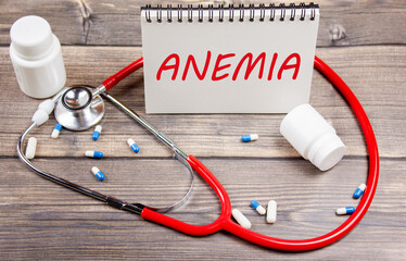 Diagnosis concept - anemia. Sheet with the word anemia on the background of pills and a...