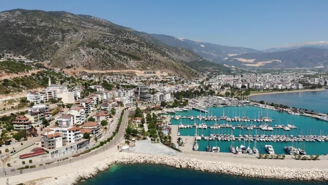 Aerial view of the resort town of Finike, located on the Mediterranean coast in Turkey. High quality 4k footage