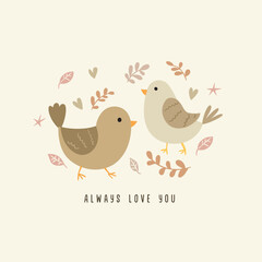 Cute illustration couple bird with floral