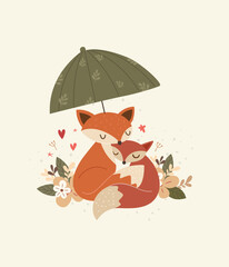 Cute animals for mother's day, fox mom and baby illustration