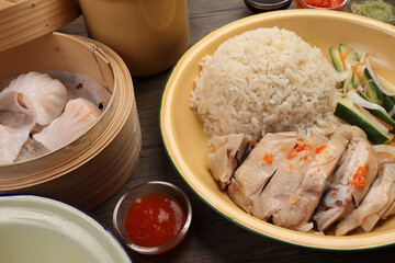 steamed Hainanese chicken rice crystal har gow transparent prawn shrimp meat stuffed dim sum in...