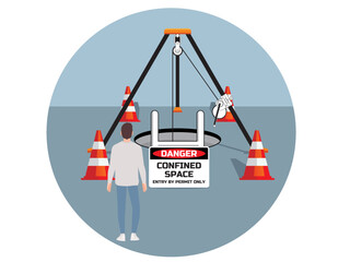 Confined space warning and person in confined space. Person going to confined space and manhole of drain construction. Confined space worker in construction site and dangerous restricted narrow area.