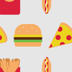 pizza, hamburger, french fries and hot dog  pattern on gray  background. Vector fast food