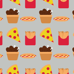 pizza, chicken , french fries and hot dog  pattern on gray  background. Vector fast food