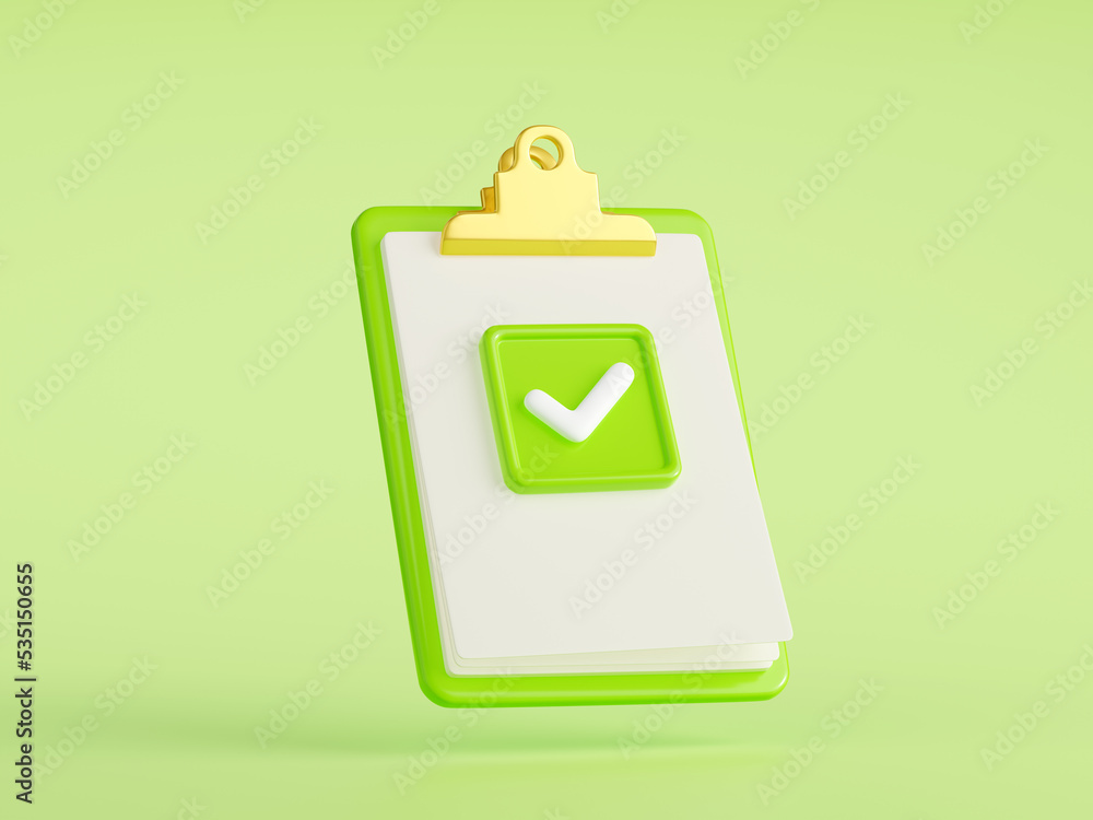 Poster 3d render of paper clipboard with green tick. illustration of document with checkmark or checklist s