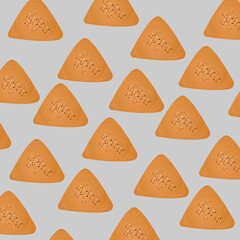 Tasty samsa   pattern on gray  background. Hot samosa traditional india food in cartoon style 