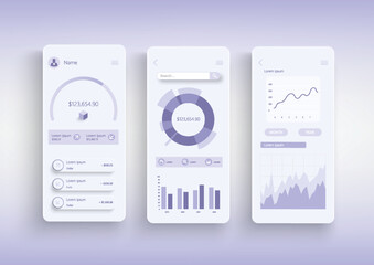 Online banking concept neumorphic templates set. Financial accounting, credit card, payment and bank services. UI, UX, GUI screens for responsive mobile app. Vector design kit in neumorphism style