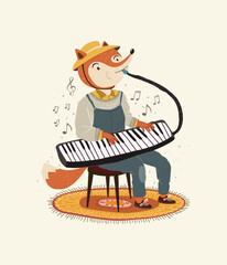 Illustration of Cute fox playing melodica instrument