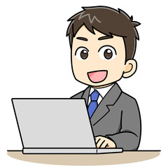 Fototapeta na wymiar パソコンを操作しながら笑顔で話しかけるビジネスマン