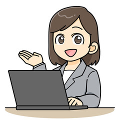 パソコンの前で説明や案内をするビジネスウーマン