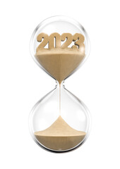 Year 2023 hourglass - 3D illustration of time slipping away like sand - 535151660
