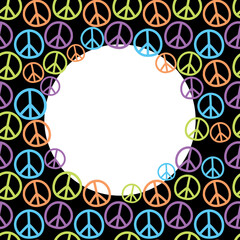 Vector border, frame with international symbol of pacifism, disarmament, world peace. Bright background, decoration, seamless pattern in doodle flat style