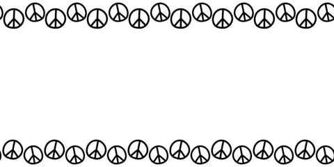 Vector border, frame with international symbol of pacifism, disarmament, world peace. Simple horizontal top and bottom edging, decoration, seamless pattern in doodle flat style