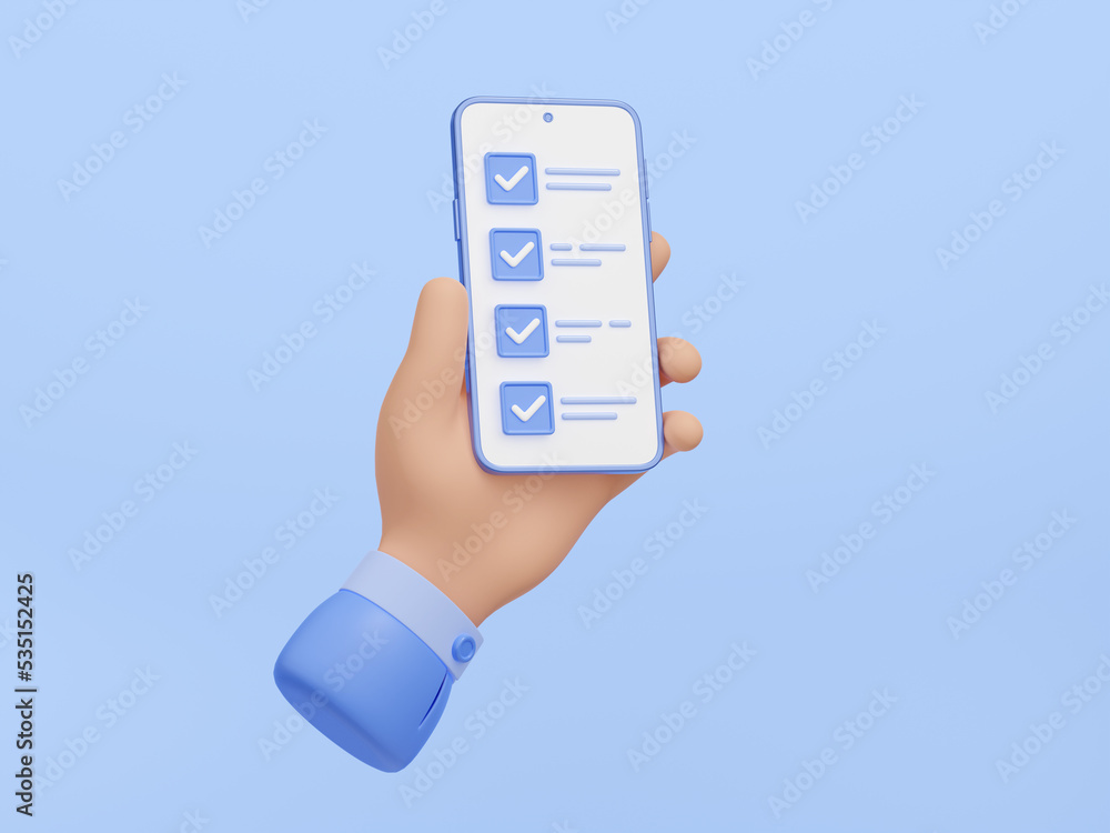Poster 3d illustration of human hand holding smartphone with checklist app on screen. successful person usi