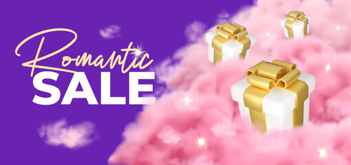 Fototapeta na wymiar Valentine Day sale banner template. Vector illustration with gift box and sparkling pink clouds. Romantic shopping concept