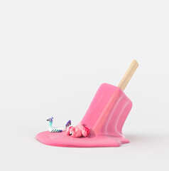 Ice cream melting puddle on white background with giant pink flamingo and peacock floating, empty space on top, summer concept, 3d rendering, 3d illustration