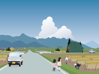 田舎の農村風景と稲刈り