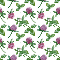 seamless gouache pattern with clover flowers and leaves on a white background.