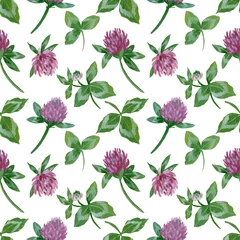 Foto op Plexiglas Tropische planten seamless gouache pattern with clover flowers and leaves on a white background.