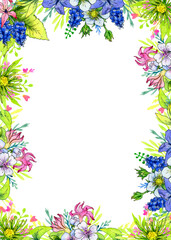 Fototapeta na wymiar rectangular frame of watercolor flowers and leaves of hyacinth, muscari, periwinkle, bird cherry and wild strawberry on a white background.
