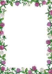 Obraz na płótnie Canvas rectangular frame with gouache leaves and clover flowers on a white background.