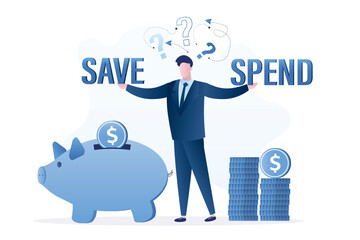 Money decision, save or spend, businessman standing near piggy bank, balancing save or spend choice. Financial options when receive bonus or extra money, choose to invest or pay off debt.
