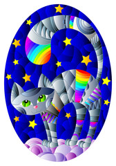 Illustration in the style of stained glass with a grey cat on the cloud against the background of the starry night sky, oval image